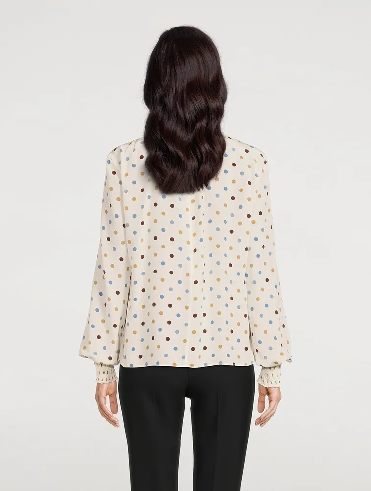 Smocked Silk Blouse Polka Dot Print