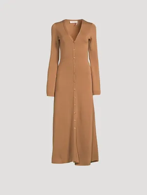 Buttoned Long-Sleeve Wool Dress