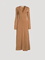 Buttoned Long-Sleeve Wool Dress