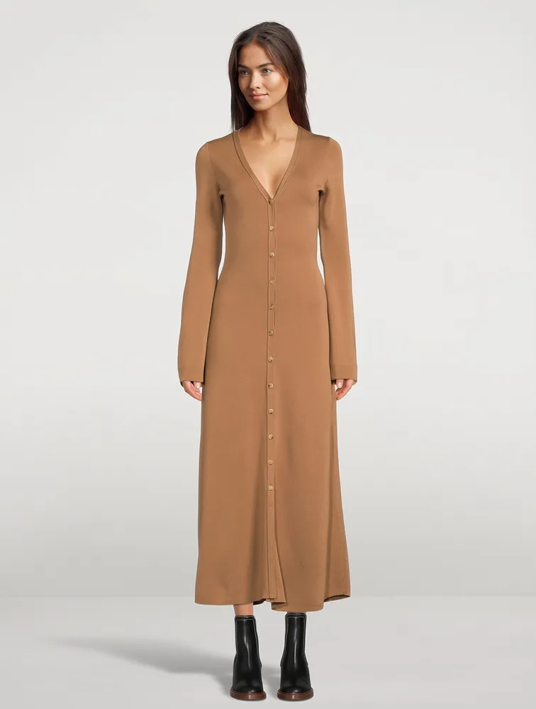 Buttoned Long-Sleeve Wool Dress