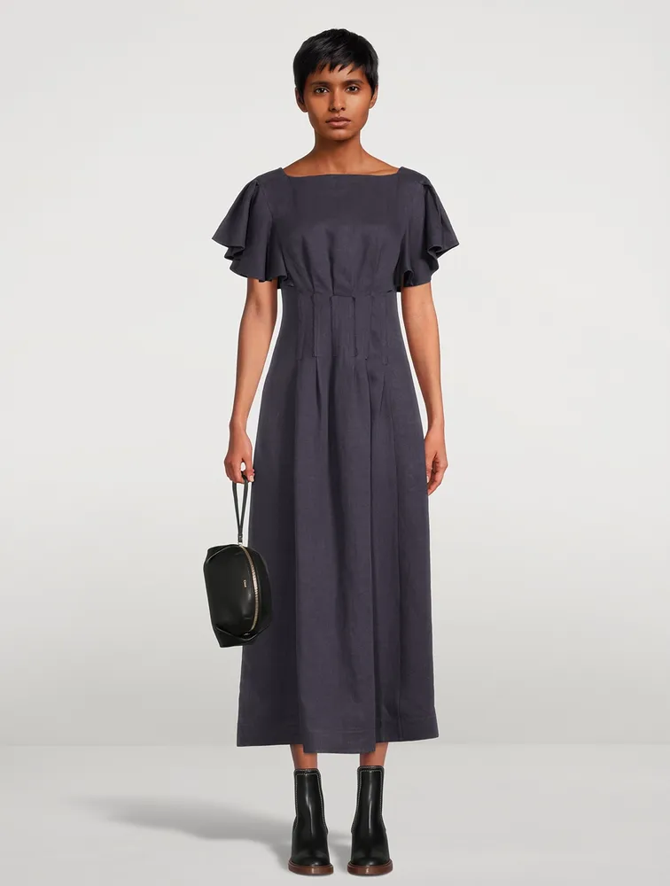 Flutter-Sleeve Linen Midi Dress