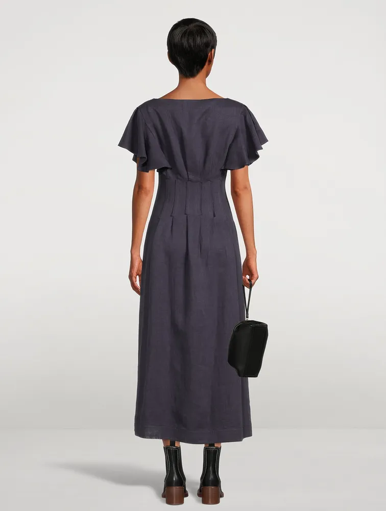 Flutter-Sleeve Linen Midi Dress