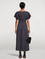 Flutter-Sleeve Linen Midi Dress