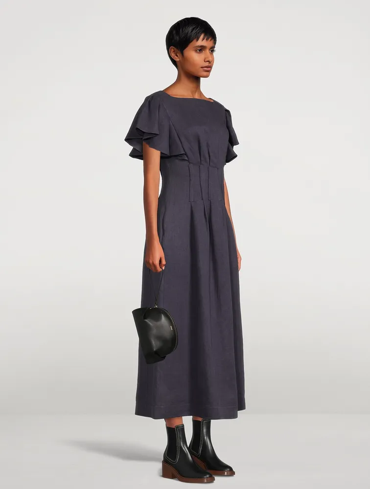 Flutter-Sleeve Linen Midi Dress