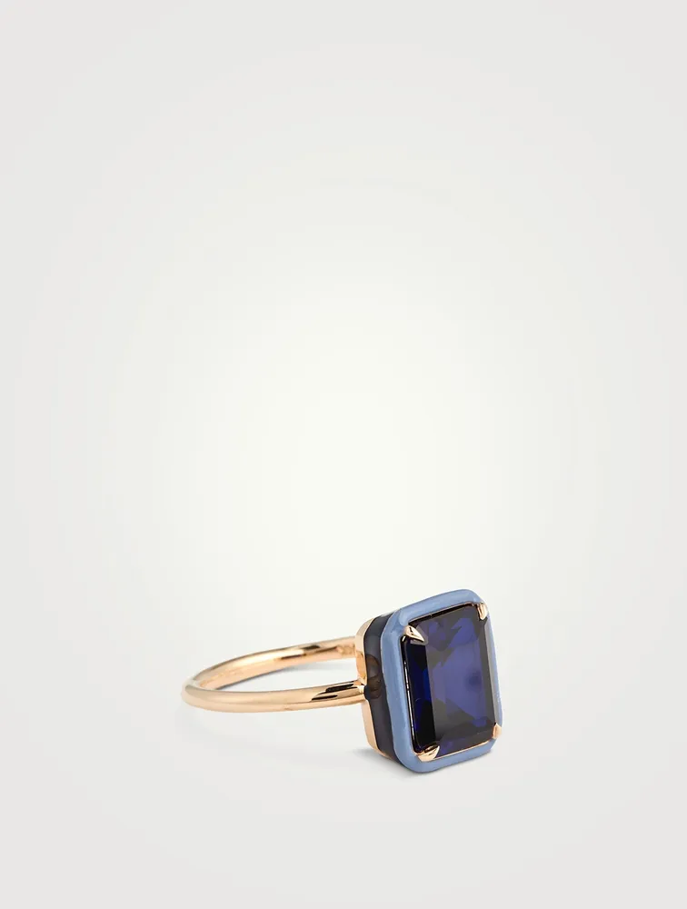 14K Gold Rectangular Cocktail Ring With Blue Sapphire