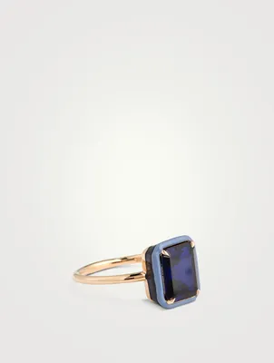 14K Gold Rectangular Cocktail Ring With Blue Sapphire