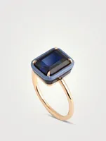 14K Gold Rectangular Cocktail Ring With Blue Sapphire