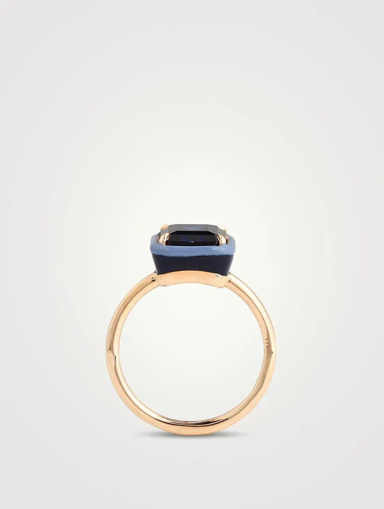 14K Gold Rectangular Cocktail Ring With Blue Sapphire