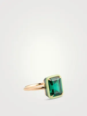 14K Gold Rectangular Cocktail Ring With Emerald