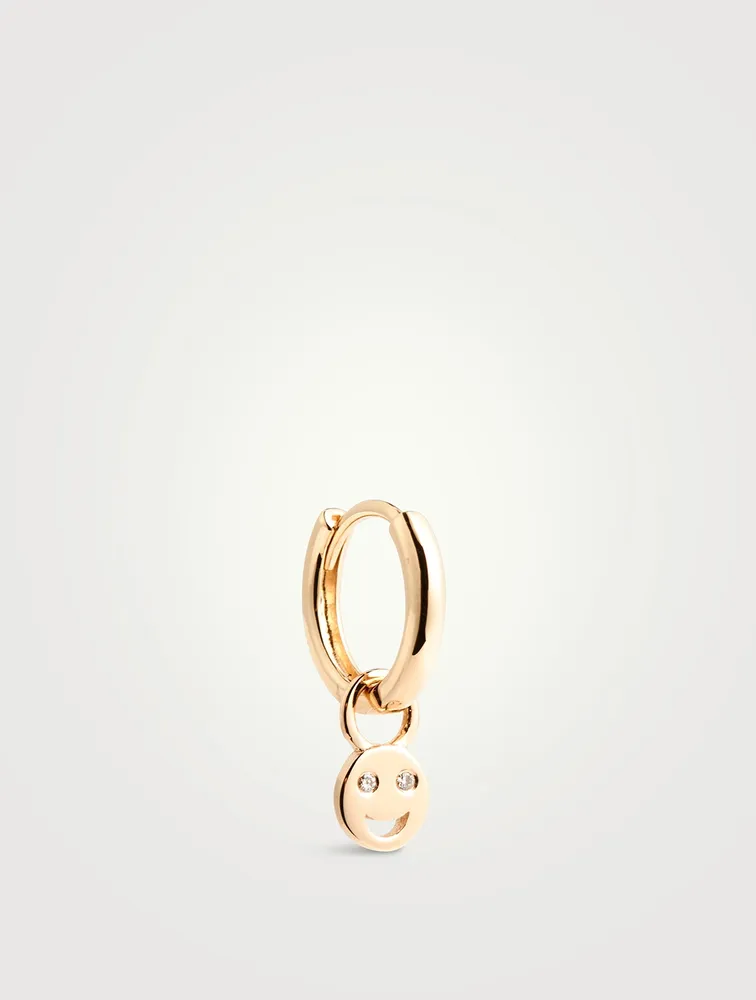 14K Gold Tiny Smile Huggie Earring With Diamonds