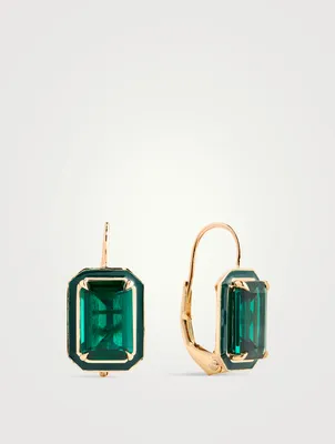 14K Gold Rectangular Cocktail Drop Earrings With Emerald