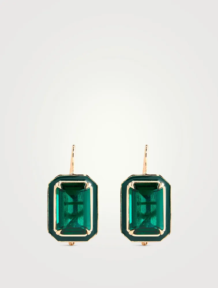 14K Gold Rectangular Cocktail Drop Earrings With Emerald