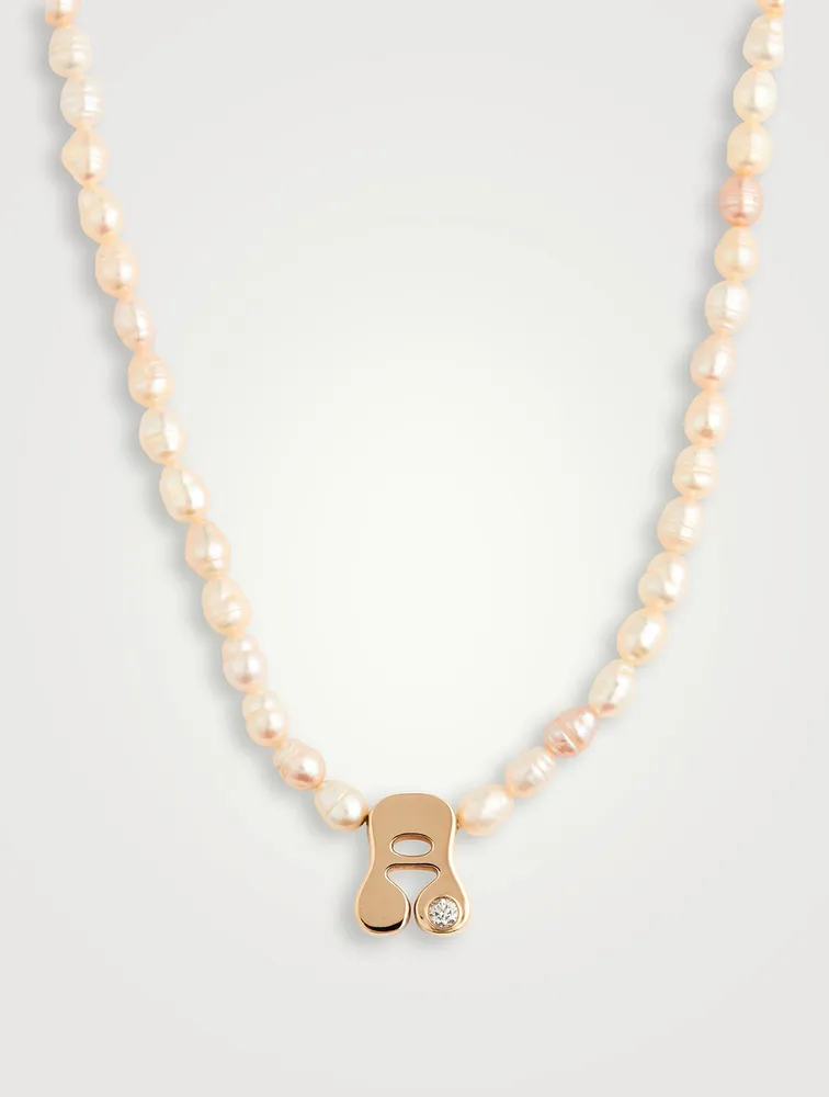 14K Gold Stellar Letter 'A' Pearl Necklace With Diamonds