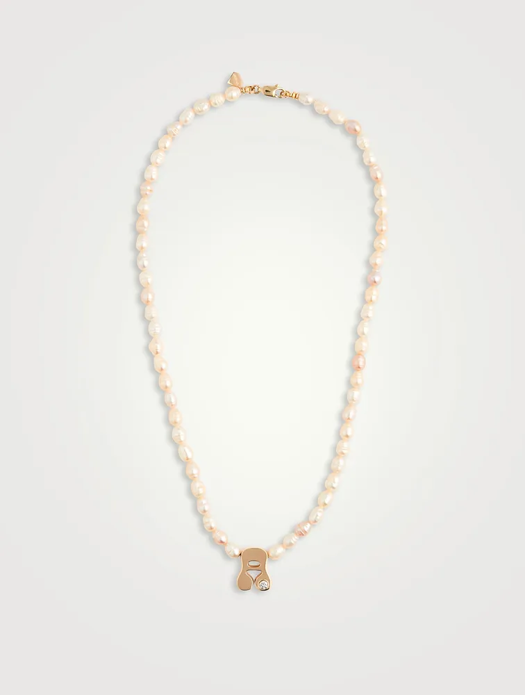 14K Gold Stellar Letter 'A' Pearl Necklace With Diamonds