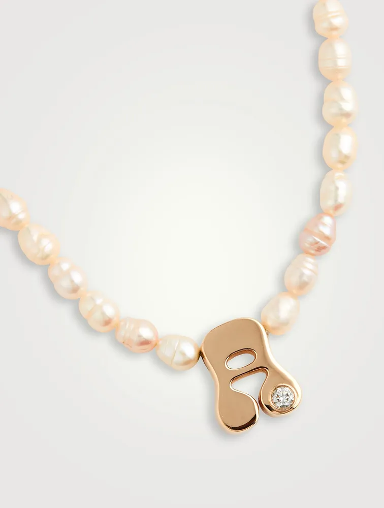 14K Gold Stellar Letter 'A' Pearl Necklace With Diamonds