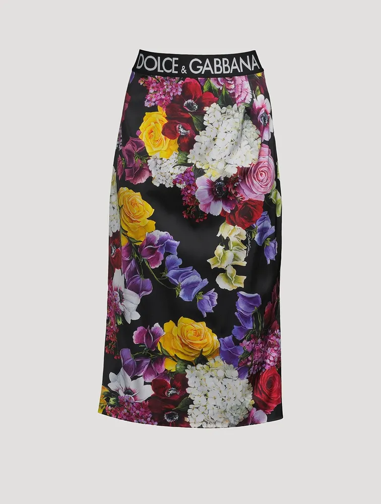 Logo-Band Satin Midi Skirt Mixed-Floral Print