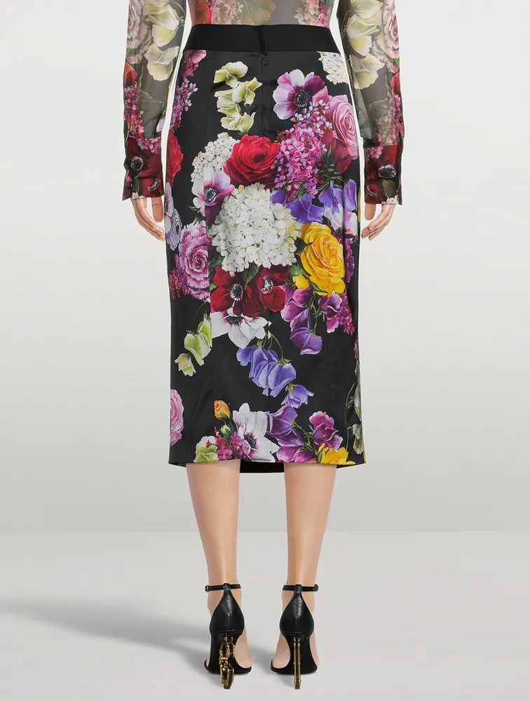 Logo-Band Satin Midi Skirt Mixed-Floral Print