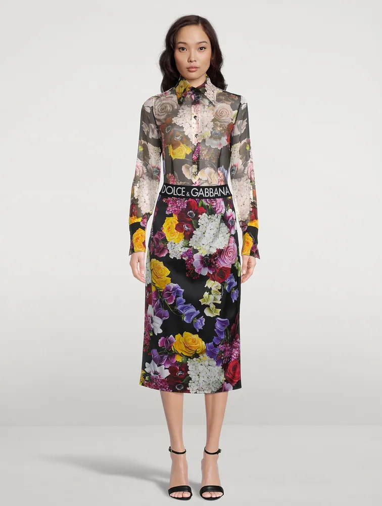 Logo-Band Satin Midi Skirt Mixed-Floral Print