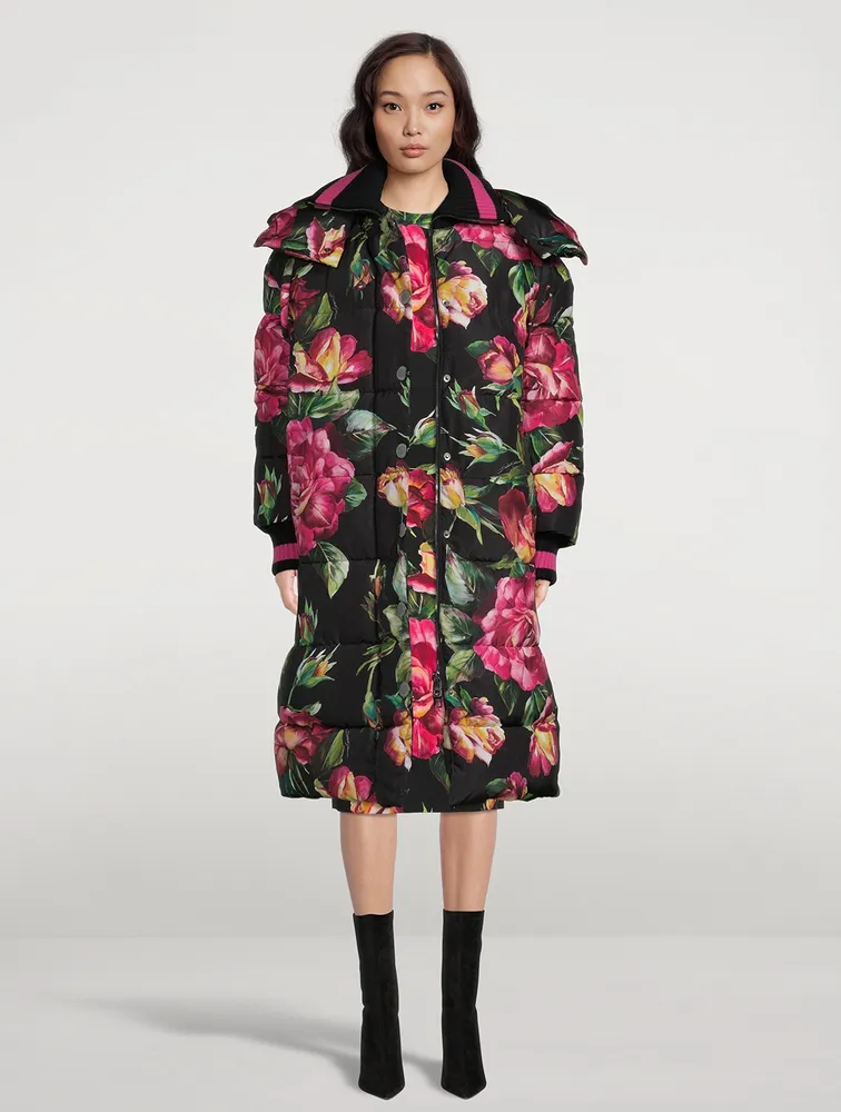 Oversized Down Puffer Jacket Floral Print