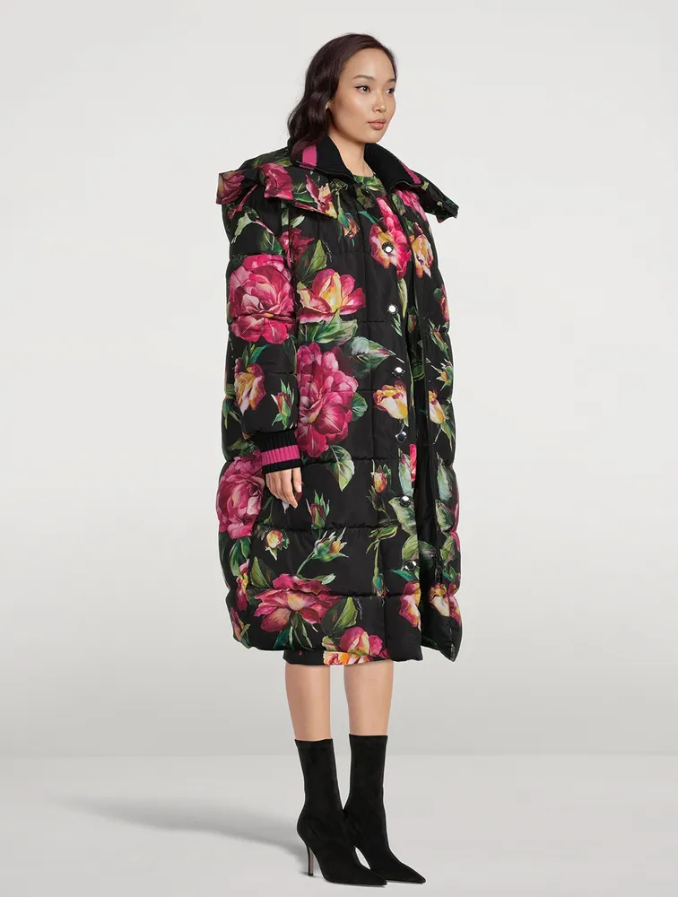 Oversized Down Puffer Jacket Floral Print