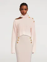 Cut-Out Cropped Ribbed Turtleneck Sweater