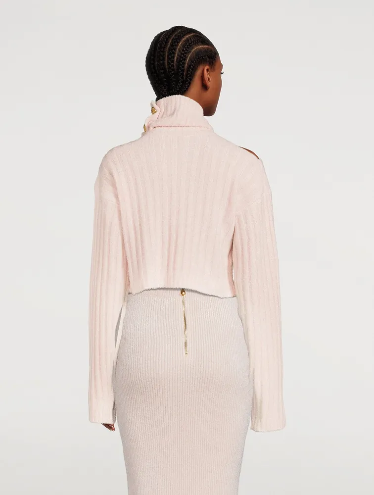 Cut-Out Cropped Ribbed Turtleneck Sweater