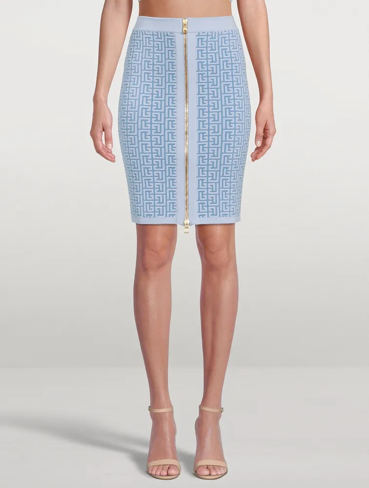 Monogram Jacquard Zip-Front Pencil Skirt