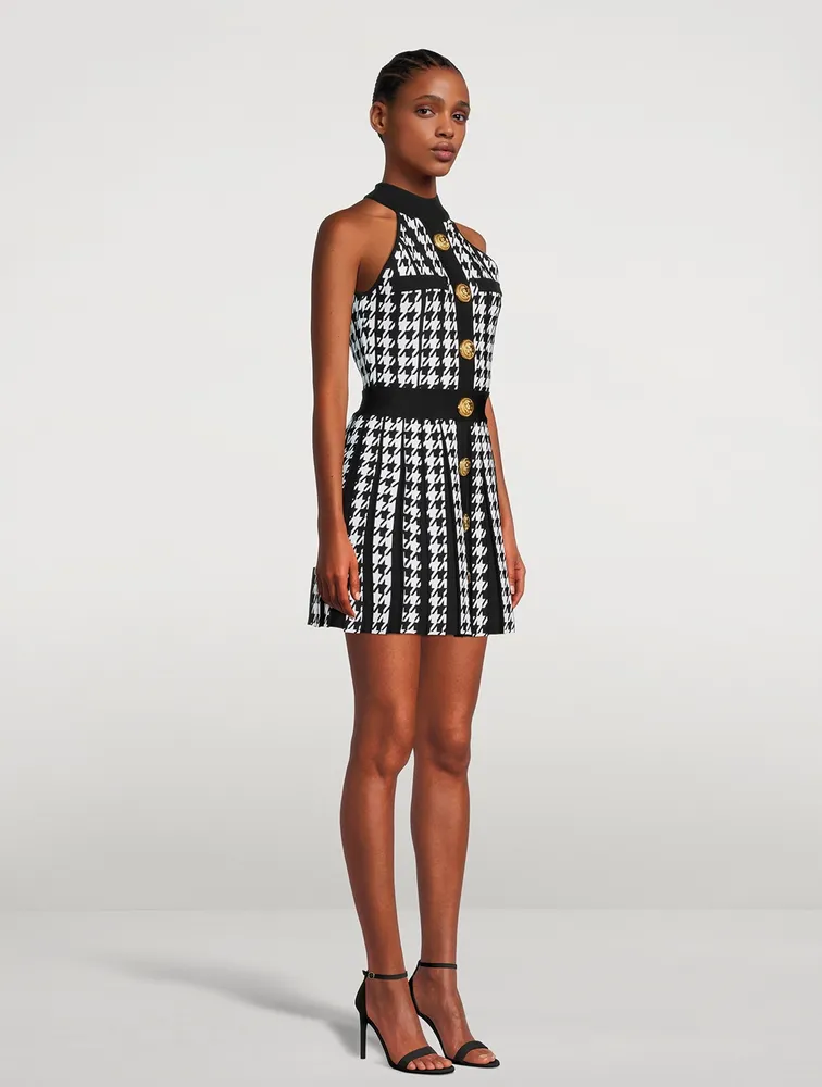 Houndstooth Pleated Mini Dress