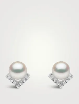 Trend 18K Gold Freshwater Pearl Stud Earrings With Diamonds