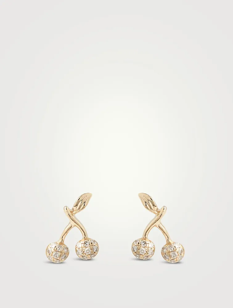 Mini 14K Gold Cherry Stud Earrings With Diamonds