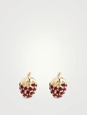 Mini 14K Gold Strawberry Stud Earrings With Rubies