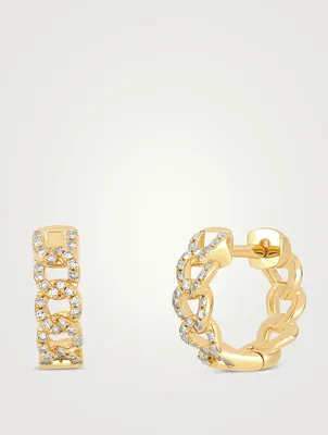 14K Gold Curb Chain Huggie Hoop Earrings With Diamonds