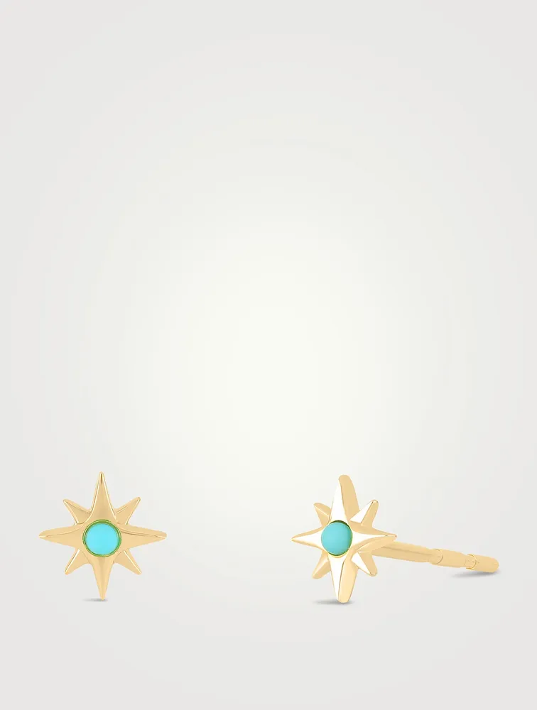 14K Gold Starburst Stud Earrings With Turquoise