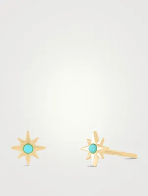 14K Gold Starburst Stud Earrings With Turquoise