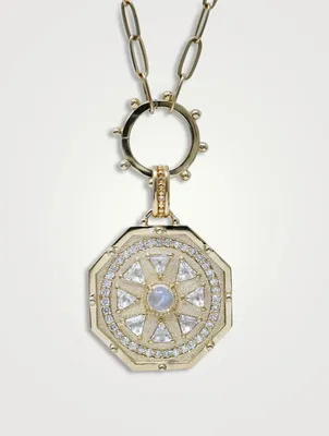 Aztec 14K Gold Mayan Deco Medallion Necklace With Clear Topaz