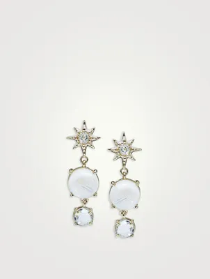 Aztec 14K Gold Micro Graduated Starburst Drop Earrings With Clear Topaz And Moonstone