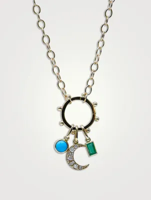 Dew Drop 14K Gold Marine Story Catcher Necklace With Turquoise And Emerald