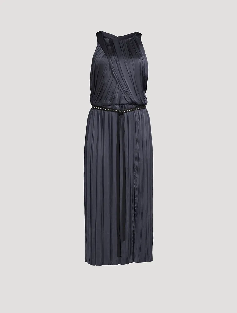 Irregular Pleated Satin Midi Dress