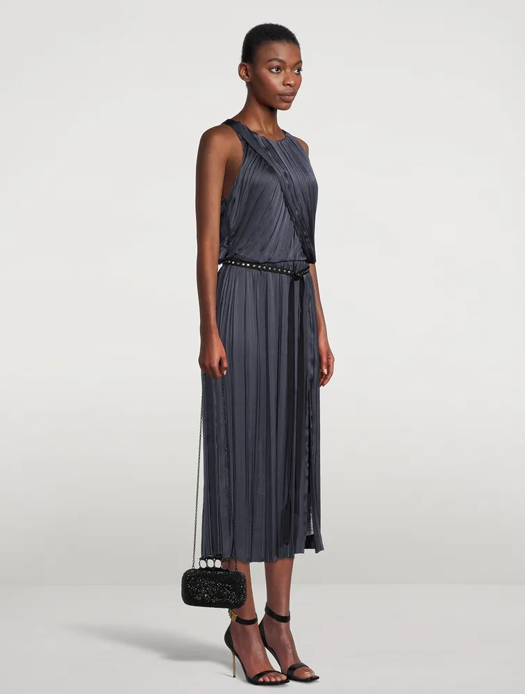 Irregular Pleated Satin Midi Dress