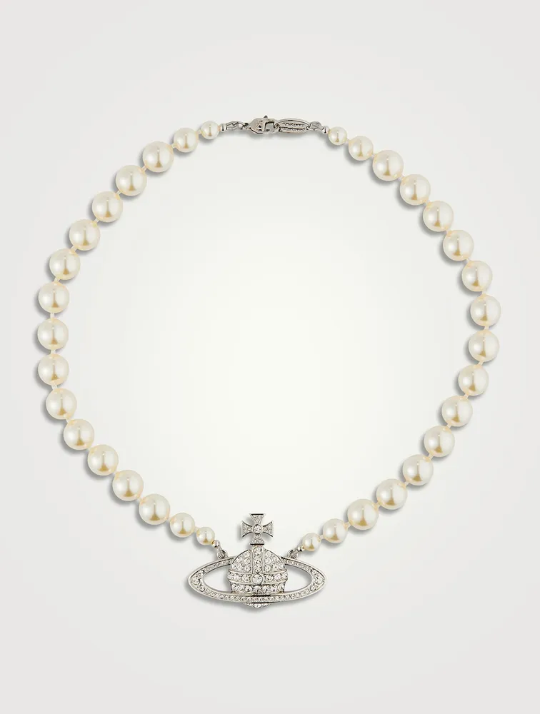 Bas Relief Faux Pearl Necklace With Crystals