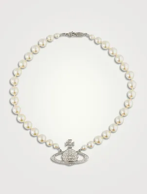 Bas Relief Faux Pearl Necklace With Crystals