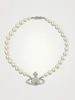 Bas Relief Faux Pearl Necklace With Crystals