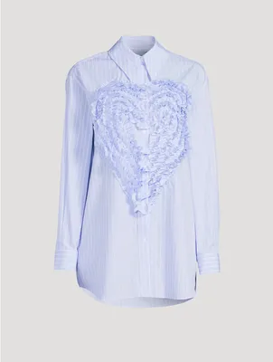 Ruffled Heart Cotton Shirt Pinstripe Print