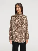 Cotton and Silk Blouse With Neck Tie Leopard Print