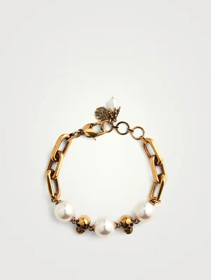 Skull And Faux Pearl Chain Bracelet