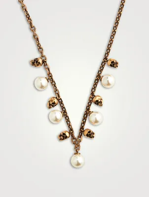 Skull And Faux Pearl Chain Necklace