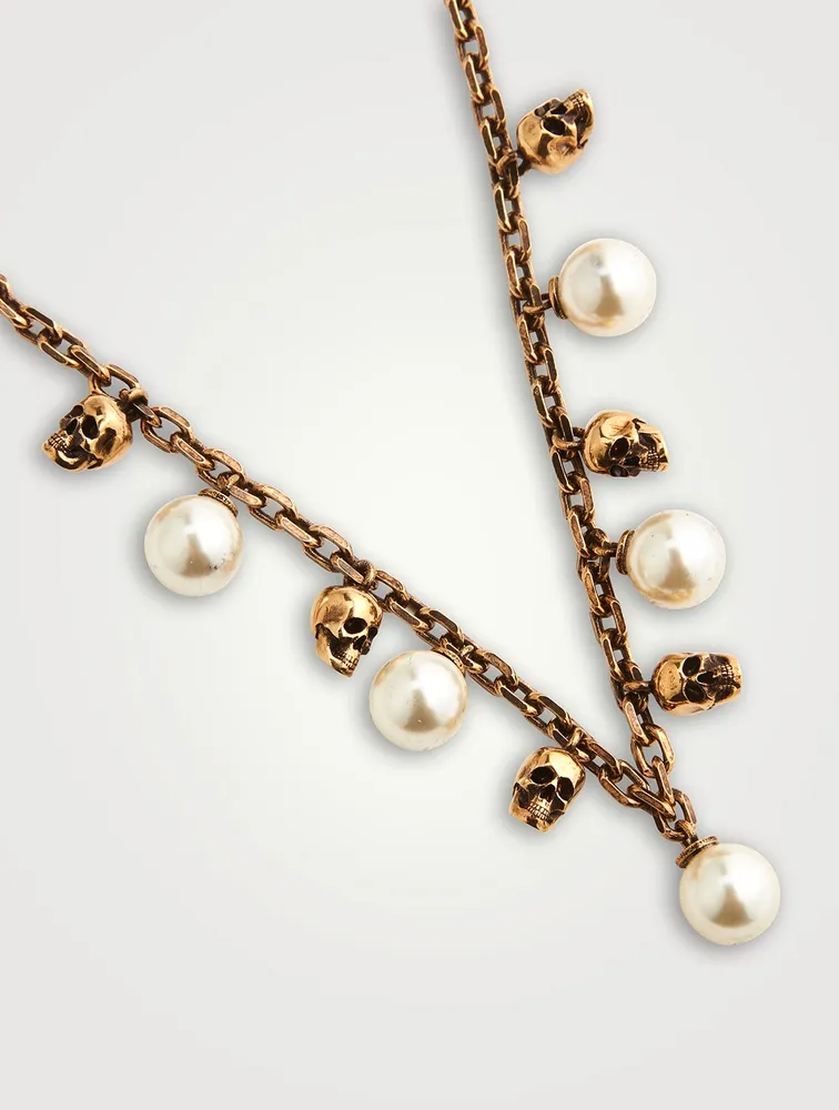 Skull And Faux Pearl Chain Necklace