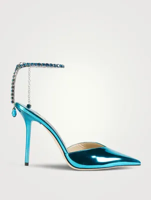 Saeda Metallic Leather Pumps With Crystal Ankle Strap