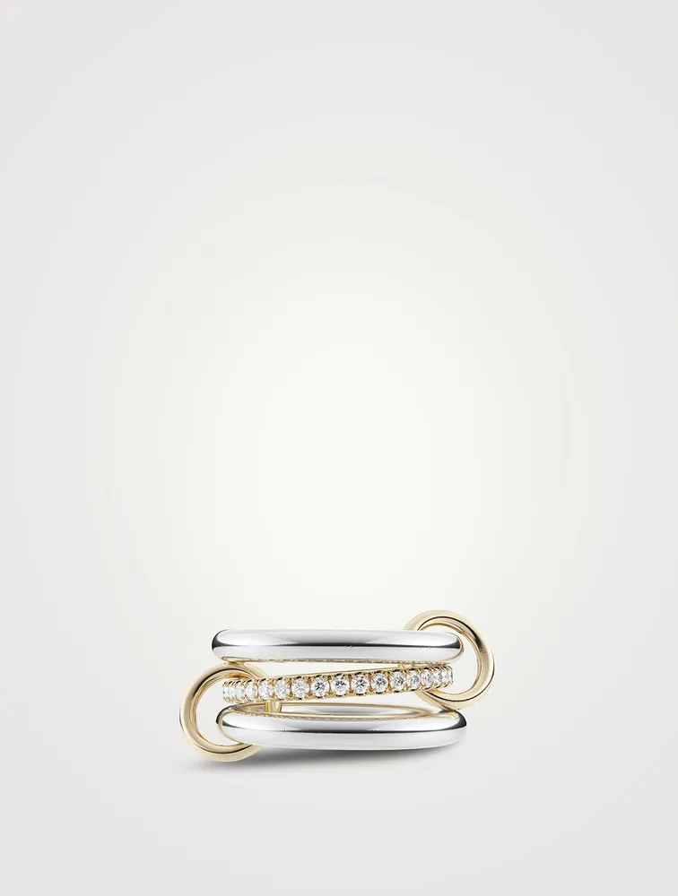 Libra SG Petite Sterling Silver And 18K Gold Stacked Ring With Grey Diamonds