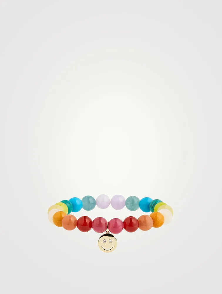 Beaded Bracelet With 14K Gold Diamond Happy Face Charm